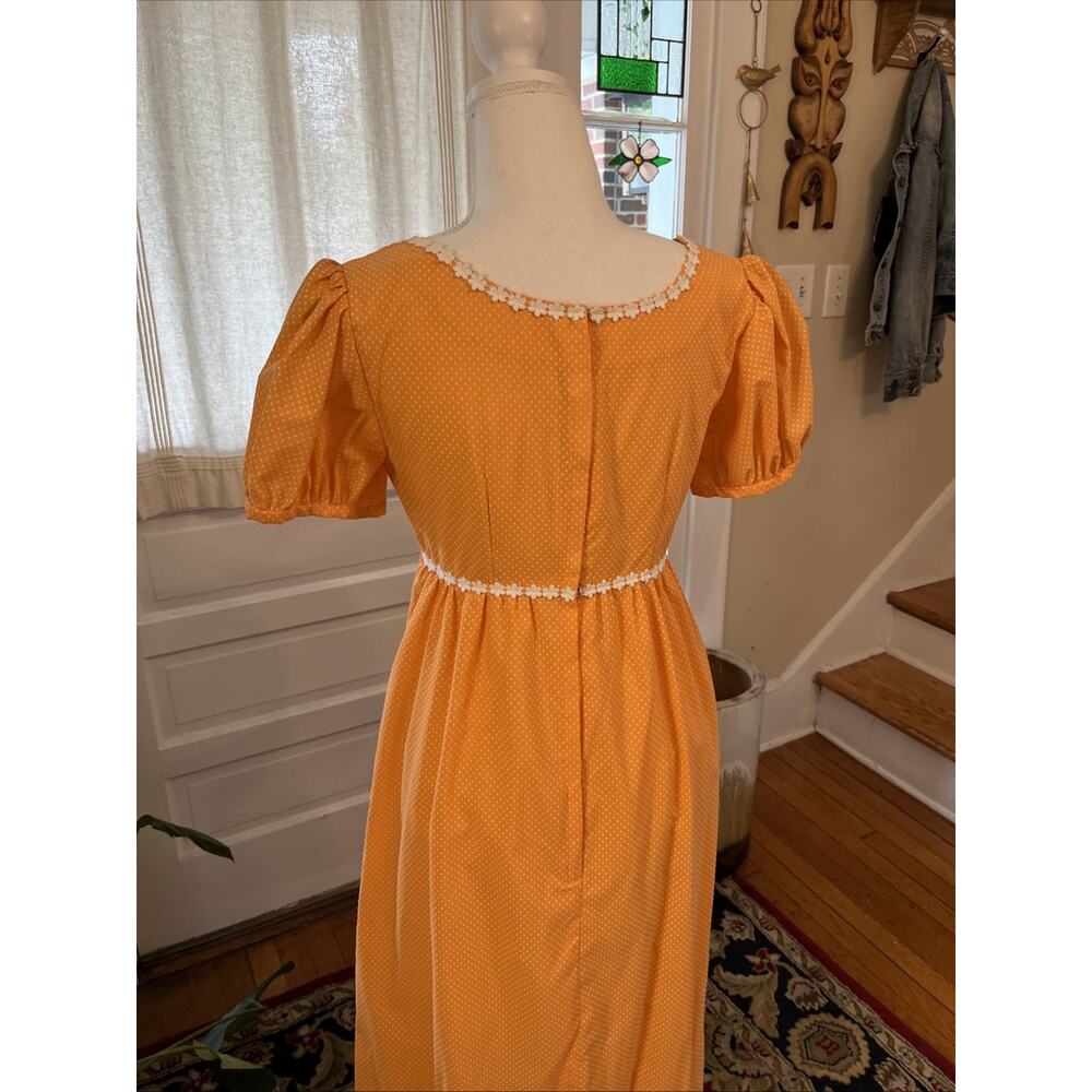 Vintage S 1960s 70s Handmade Apricot Bridesmaid Dress Polka Dot Daisy Retro Maxi - Picture 7 of 12